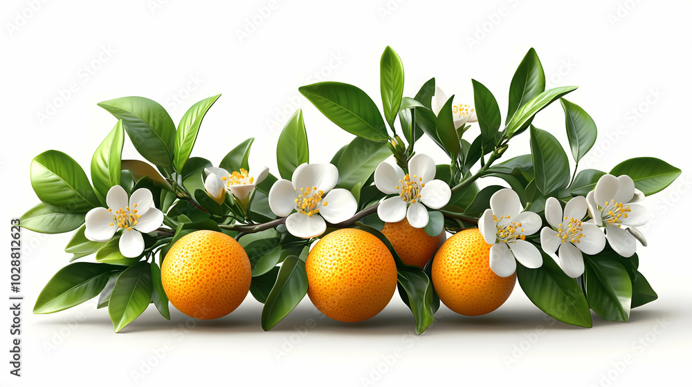 A vibrant arrangement of oranges and white blossoms with green leaves. A vibrant arrangement of oranges and white blossoms with green leaves.