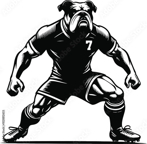 A powerful bulldog in a soccer uniform, charging with a ball. Perfect for sports-themed designs, team branding, or athletic promotional materials.