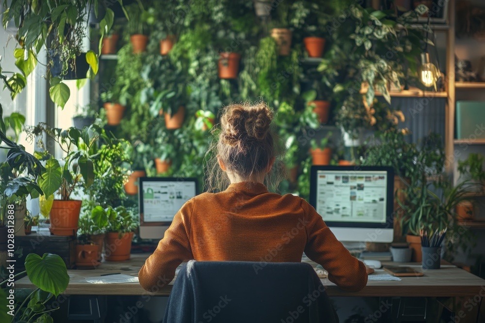 Woman Working from Home Office with Green Plants and Natural Light Woman Working from Home Office with Green Plants and Natural Light