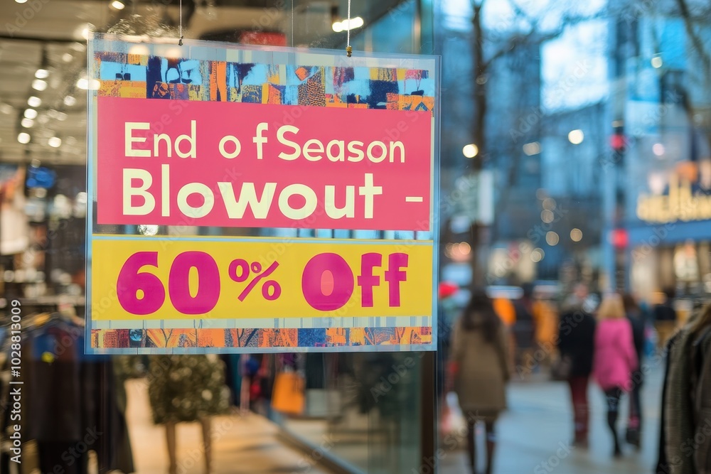Clothing Store Sale Poster: A large, bold poster hanging in a clothing store window, advertising Clothing Store Sale Poster: A large, bold poster hanging in a clothing store window, advertising