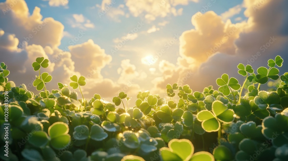 Discover a stunning view of a vibrant clover field basking in sunshine and surrounded by fluffy clouds, representing the renewal and beauty of springtime nature. Discover a stunning view of a vibrant clover field basking in sunshine and surrounded by fluffy clouds, representing the renewal and beauty of springtime nature.