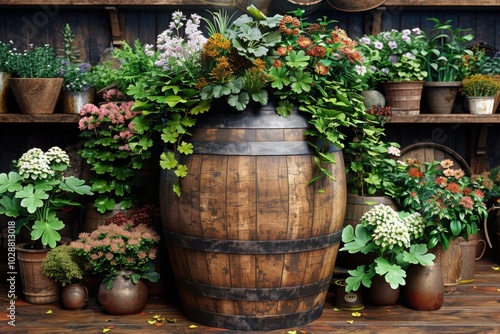 A large wooden barrel overflows with colorful flowers and lush plants in a charming outdoor garden setting, blending nature and rustic elements beautifully.