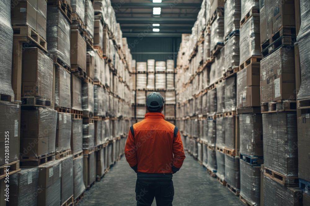 Worker in Warehouse Aisle with Pallets of Boxes Worker in Warehouse Aisle with Pallets of Boxes