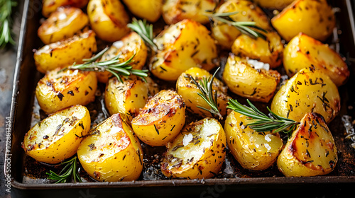 Crispy roasted potatoes garnished with herbs and sea salt.