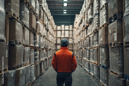 Worker in Warehouse Aisle with Pallets of Boxes