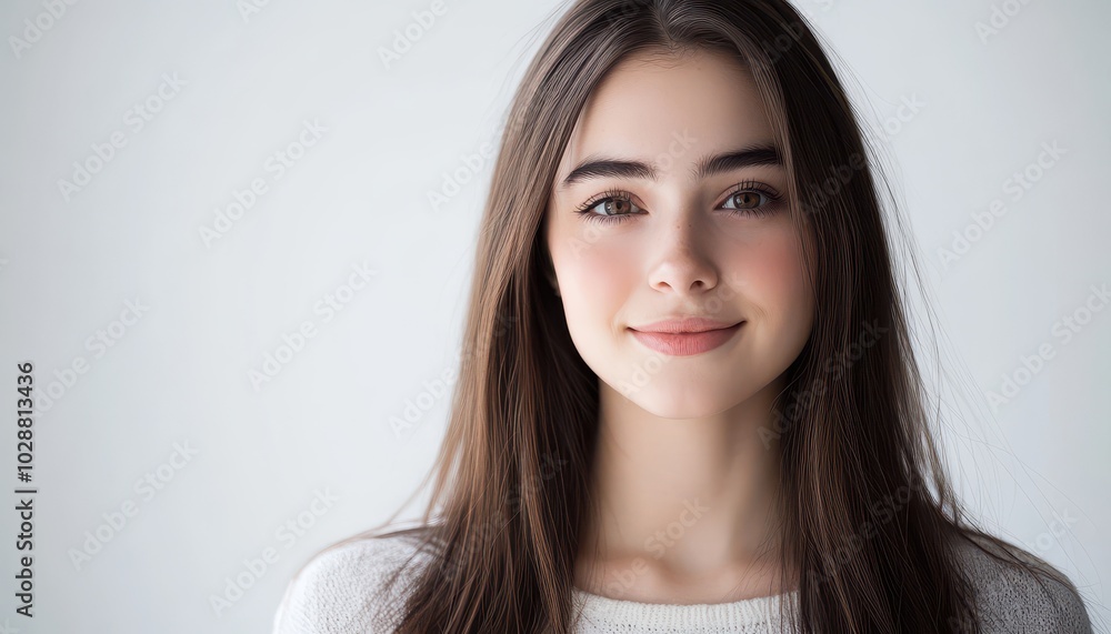 Smiling young woman with long hair looking at the camera against a white background Smiling young woman with long hair looking at the camera against a white background