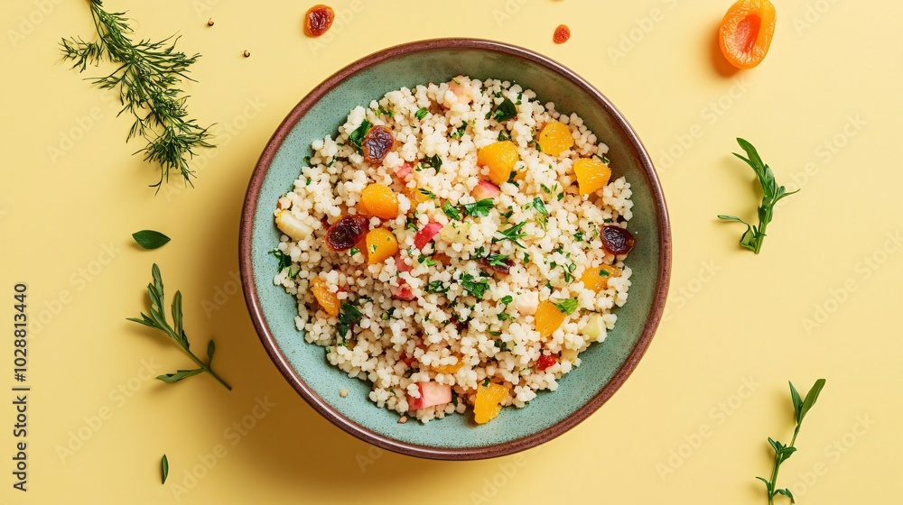 A vibrant couscous salad with dried apricots and herbs, placed on a soft pastel yellow background with delicate geometric decorative elements A vibrant couscous salad with dried apricots and herbs, placed on a soft pastel yellow background with delicate geometric decorative elements