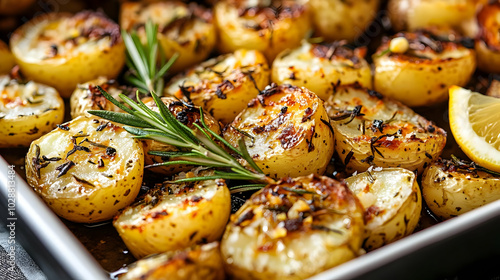 Roasted potatoes with herbs and lemon, garnished with rosemary.