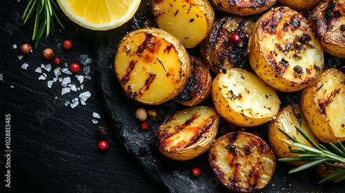 Grilled potatoes garnished with herbs and lemon on a slate plate.