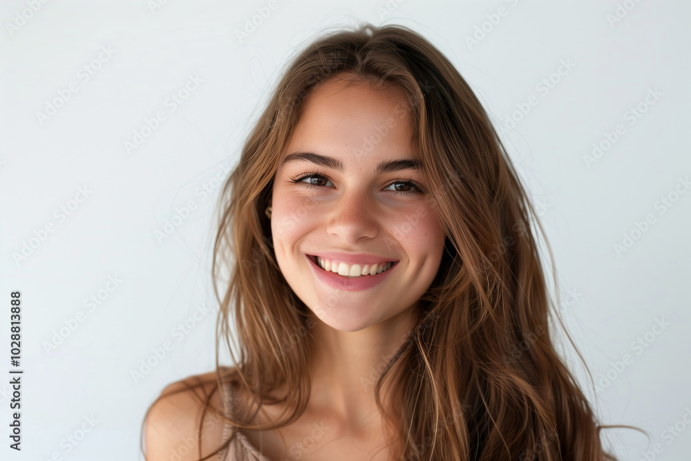 Portrait of happy, beautiful young fashionable woman on white background. Studio shot, copy space Portrait of happy, beautiful young fashionable woman on white background. Studio shot, copy space
