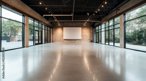 Spacious empty room with large floor-to-ceiling windows and a clean concrete floor, featuring a central white projection screen and exposed brick walls.