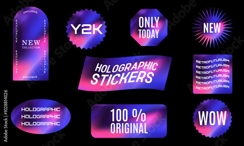 a set of bright iridescent holographic retro stickers, shiny emblems of different shapes