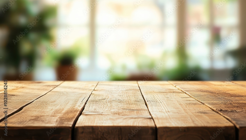 An empty old wooden table stands in a bright room filled with greenery An empty old wooden table stands in a bright room filled with greenery
