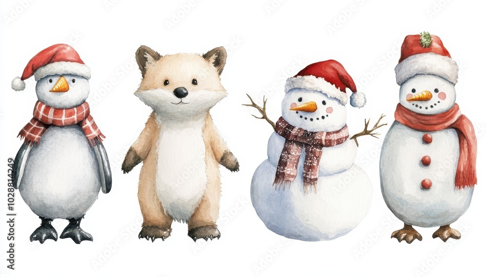 Charming watercolor characters: polar bear, penguin, fox, snowman, Santa Charming watercolor characters: polar bear, penguin, fox, snowman, Santa