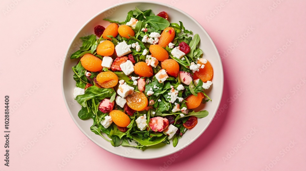 A vibrant salad with dried apricots, feta, and fresh greens, isolated on a soft pastel pink background with artistic geometric patterns A vibrant salad with dried apricots, feta, and fresh greens, isolated on a soft pastel pink background with artistic geometric patterns