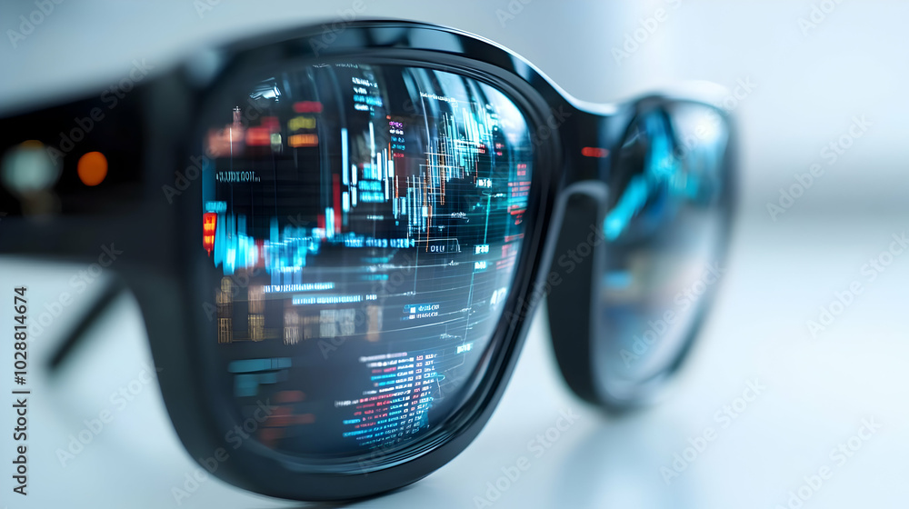 3D Macro Shot of Futuristic Smart Glasses with Financial Data Displays | Camera Zooms on Lens Showcasing Wearable Tech in Financial Management | Isolated Icon on White Background 3D Macro Shot of Futuristic Smart Glasses with Financial Data Displays | Camera Zooms on Lens Showcasing Wearable Tech in Financial Management | Isolated Icon on White Background
