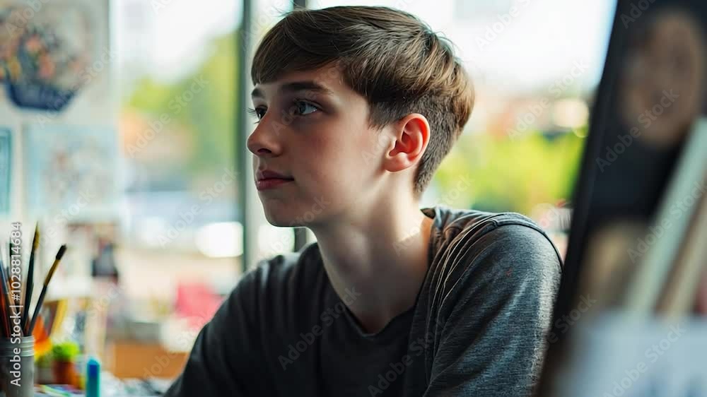 Collage of a boy with short hair looking at something Collage of a boy with short hair looking at something