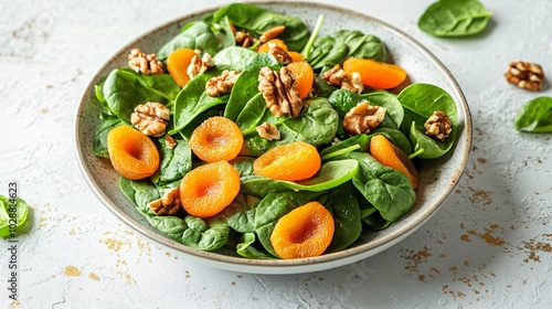 A vibrant salad with dried apricots, walnuts, and spinach, isolated on a light gray background with subtle gold decorative patterns