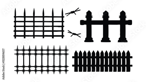  Fence wire mesh barbed wire silhouettes set isolated flat vector illustration on white background.