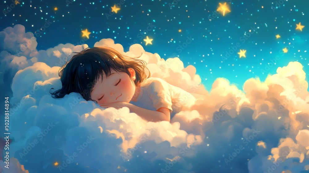 A young girl peacefully sleeps on a fluffy cloud in the night sky, surrounded by twinkling stars. A young girl peacefully sleeps on a fluffy cloud in the night sky, surrounded by twinkling stars.