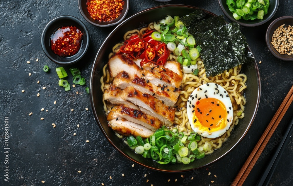 Delicious bowl of ramen topped with chicken, egg, and fresh vegetables on a dark table setting Delicious bowl of ramen topped with chicken, egg, and fresh vegetables on a dark table setting