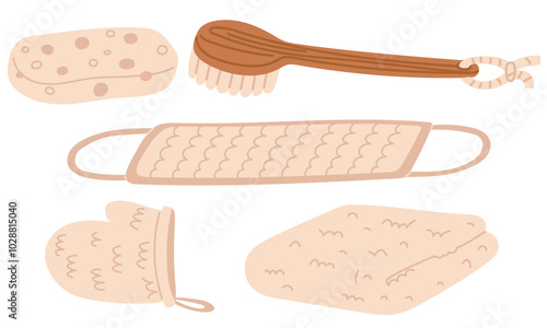 set of washcloth with handles, wooden, glove, towel, sponge. Personal hygiene product. Vector flat illustration, highlighted on a white background, for advertising, store catalog, decorative washcloth