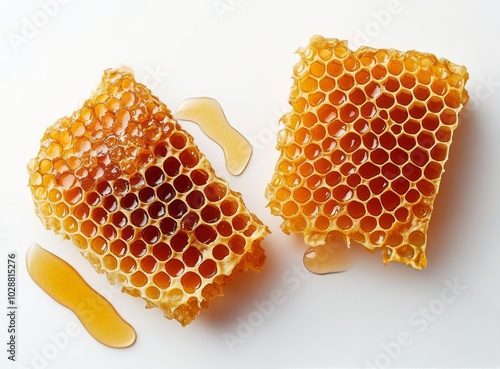 Fresh honeycomb and dripping honey displayed on a clean surface showcasing na...