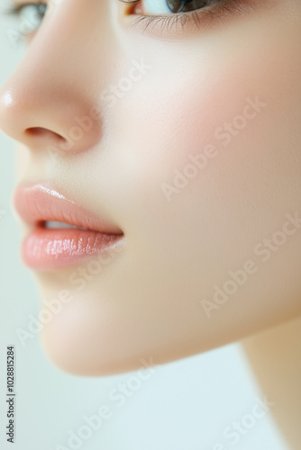 Close-up of Woman's Lips and Cheek with Soft Makeup
