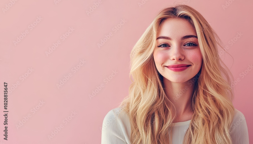 Smiling young woman with blonde hair on pastel background for hair care promotion Smiling young woman with blonde hair on pastel background for hair care promotion