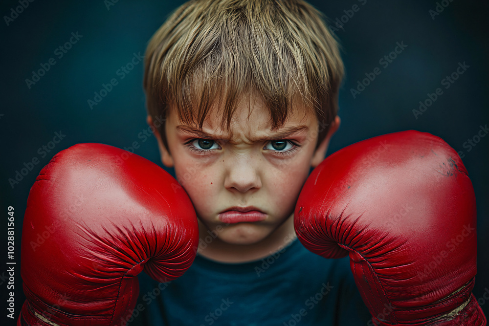 Angry boy child with red boxing gloves Angry boy child with red boxing gloves