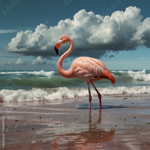 Photorealistic Flamingos Standing by the Ocean at Sunset – Pastel Colors and Exotic Nature photo