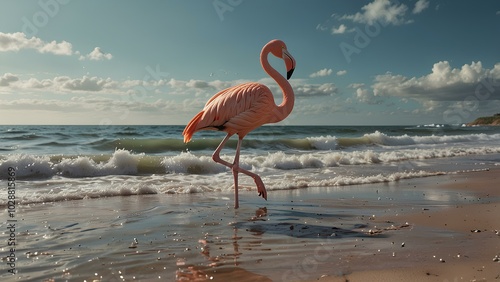 Photorealistic Flamingos Standing by the Ocean at Sunset – Pastel Colors and Exotic Nature photo