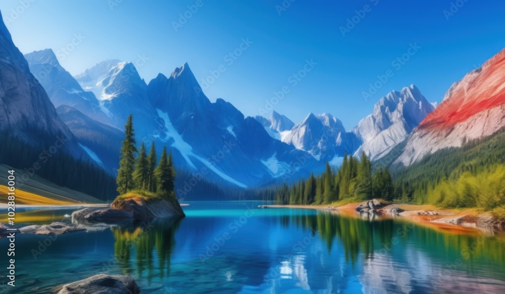 Fototapeta premium mountains and trees are reflected in the water of a lake, majestic nature scenery, lakeside mountains, beautiful lake, mountains and lakes, beautiful lake background