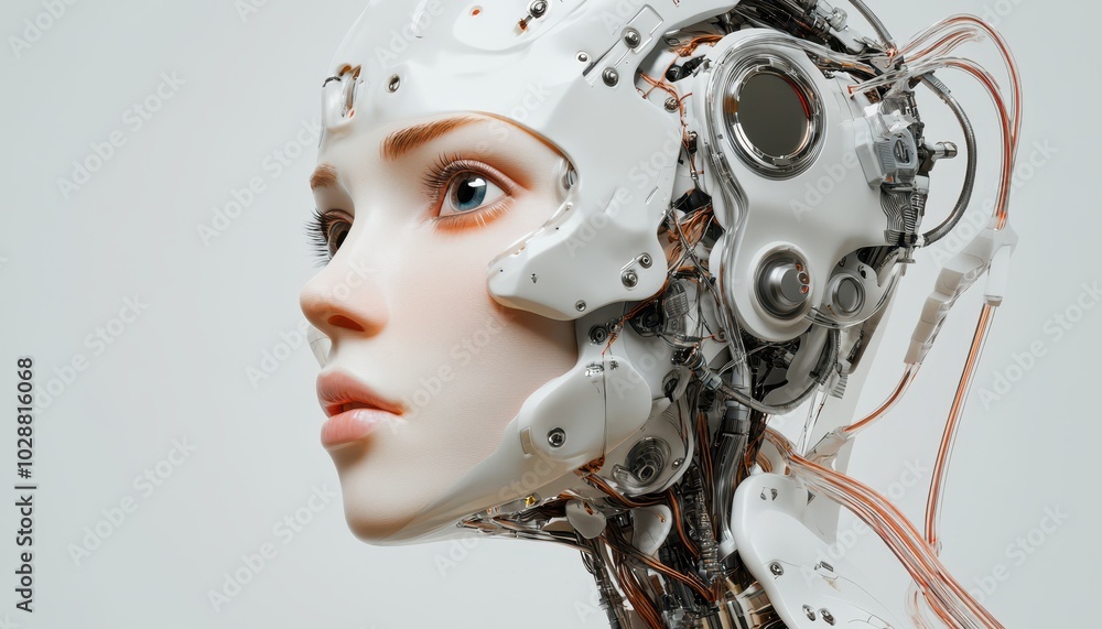 Futuristic female robot face showcasing advanced artificial intelligence technology Futuristic female robot face showcasing advanced artificial intelligence technology