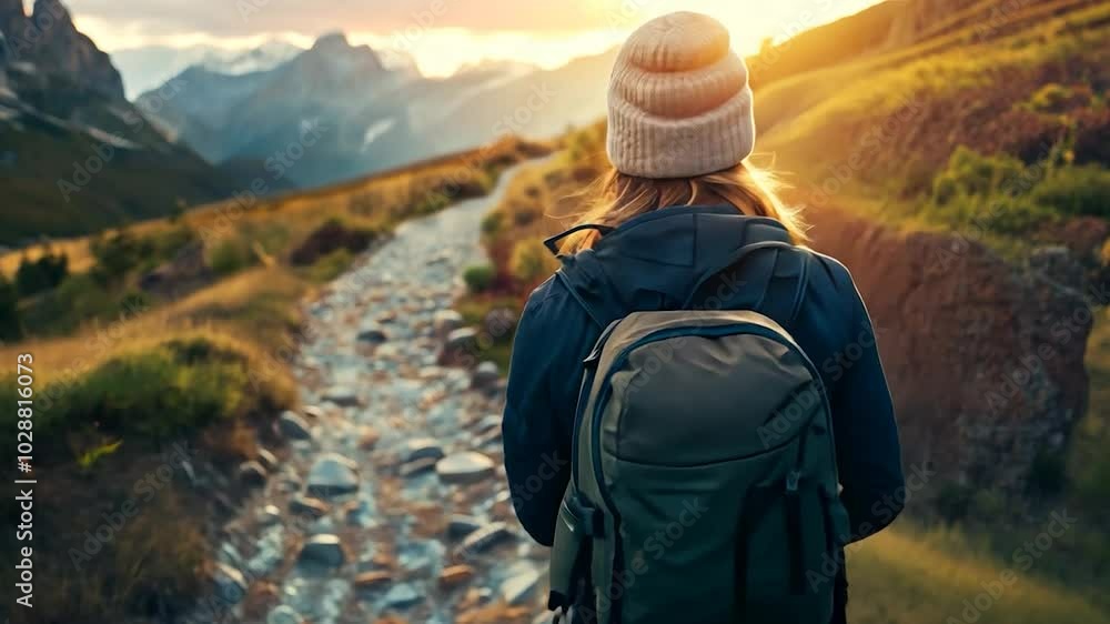 Woman with a backpack hikes along a rocky mountain trail. The sun is setting in the distance, casting a warm glow over the scene Woman with a backpack hikes along a rocky mountain trail. The sun is setting in the distance, casting a warm glow over the scene