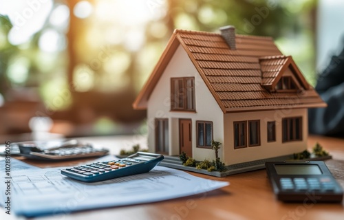 Calculating mortgage options with a model house and calculator on financial d...