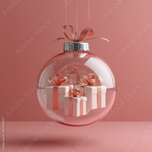 Decorative glass ornament containing red gift boxes hanging against a pink ba...