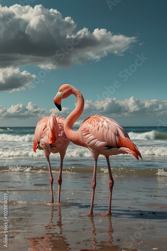Wallpaper Mural Photorealistic Flamingos Standing by the Ocean at Sunset – Pastel Colors and Exotic Nature Torontodigital.ca