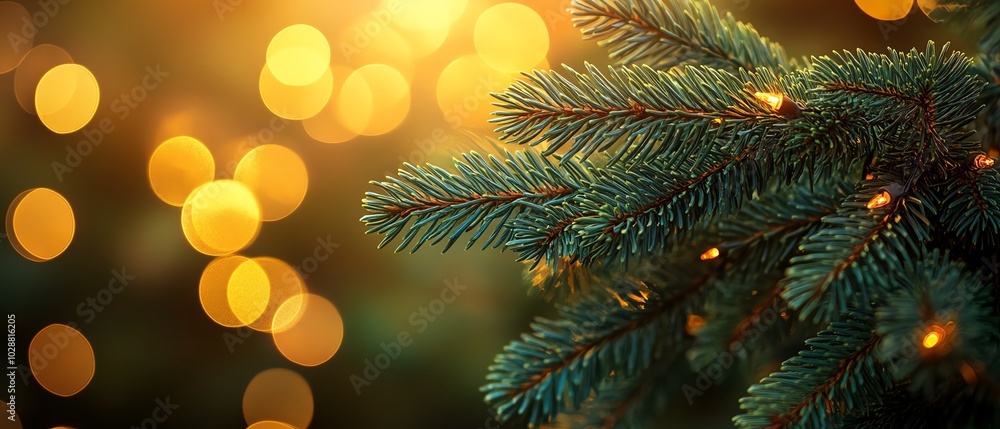 Emerald needles of a fir tree branch closeup, illuminated by soft bokeh lights in the background, evoking a warm Christmas ambiance Emerald needles of a fir tree branch closeup, illuminated by soft bokeh lights in the background, evoking a warm Christmas ambiance