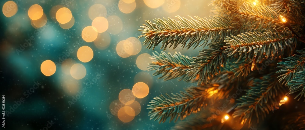 Emerald needles of a fir tree branch closeup, illuminated by soft bokeh lights in the background, evoking a warm Christmas ambiance Emerald needles of a fir tree branch closeup, illuminated by soft bokeh lights in the background, evoking a warm Christmas ambiance