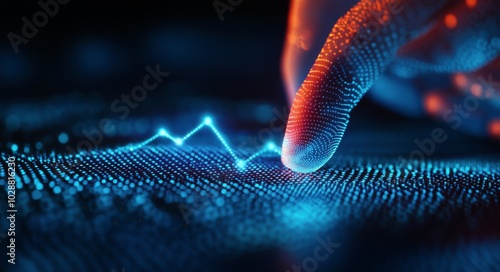 Visualizing data through touch in a futuristic digital environment with glowi...
