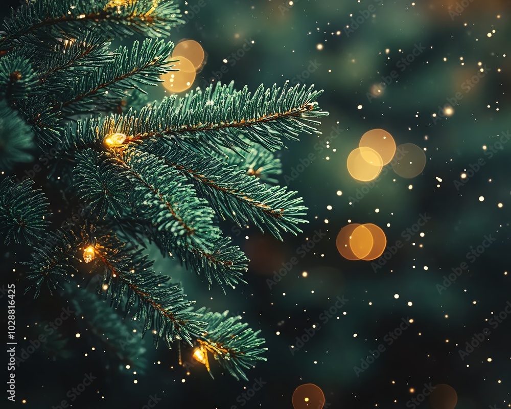 Fir tree branch closeup featuring vibrant emerald needles, contrasted with warm bokeh lights, soft focus background, festive Christmas vibe Fir tree branch closeup featuring vibrant emerald needles, contrasted with warm bokeh lights, soft focus background, festive Christmas vibe