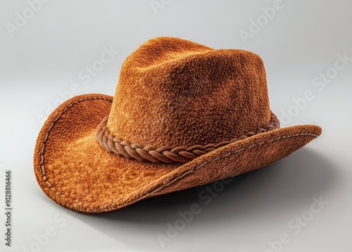 A stylish orange felt hat with braided leather band lying on a white background