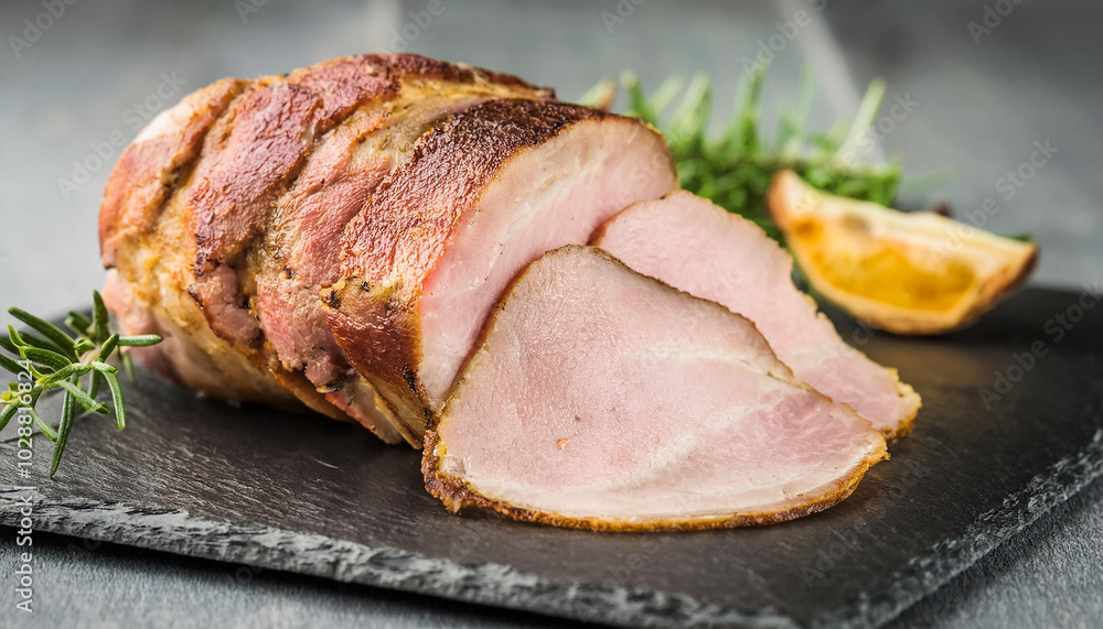 Sliced baked ham on slate plate. Tasty food. Delicious meat. Sliced baked ham on slate plate. Tasty food. Delicious meat.