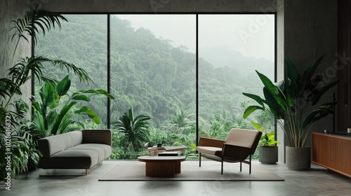 A minimalist living room with sleek furniture, lush indoor plants, and a large window offering a stunning scenic view, ideal for interior design photos