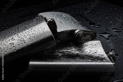 Stainless steel flasks on a black background with water drops. photo