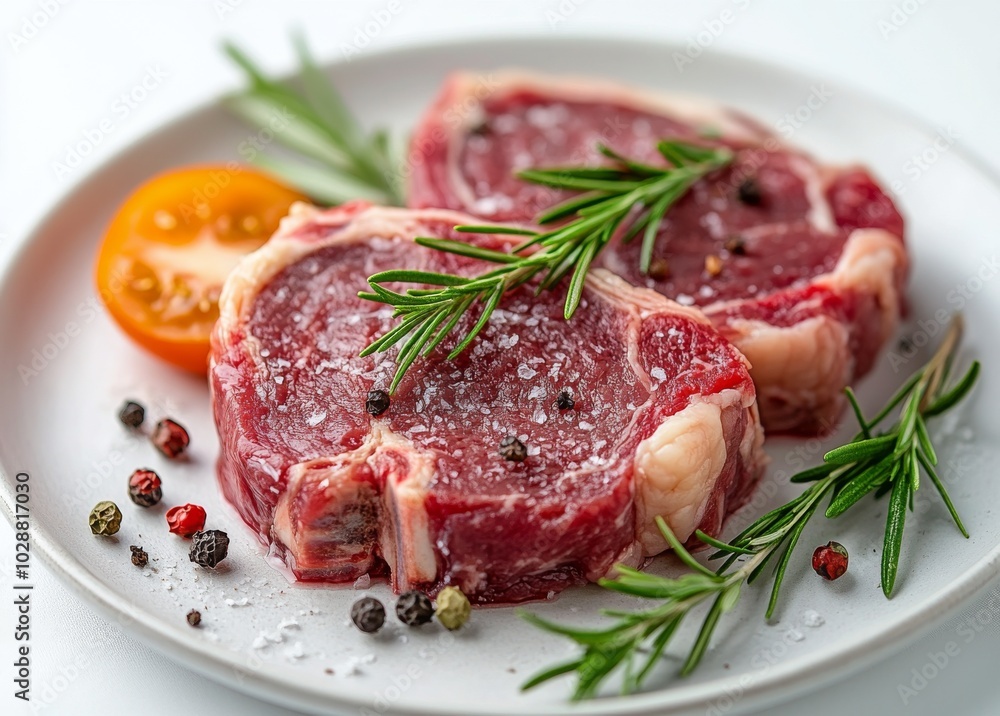 Freshly cut beef steaks with rosemary sprigs on white background Freshly cut beef steaks with rosemary sprigs on white background
