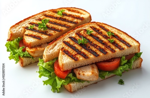 Grilled chicken sandwich with lettuce and tomato served on toasted bread duri...