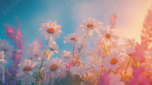 "A stunning spring flower field adorned with vibrant wildflowers, including daisies, set against a clear blue sky. The scene features a soft, selective focus, creating a magical nature backdrop filled