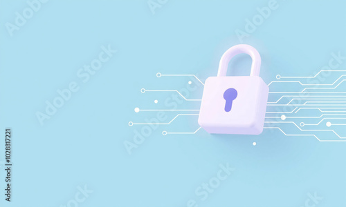 A digital padlock icon with circuit lines set against a light blue background representing cybersecurity in technology